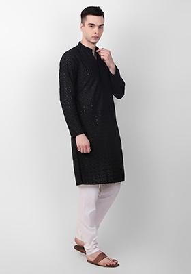 Black Sequin Embroidered Cotton Kurta For Men