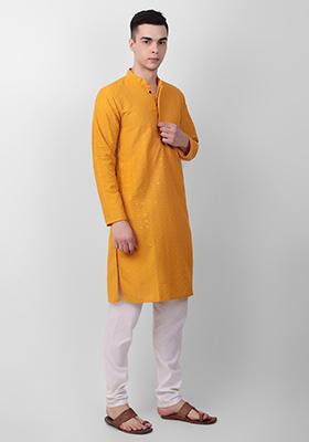 Yellow Sequin Embroidered Cotton Kurta For Men