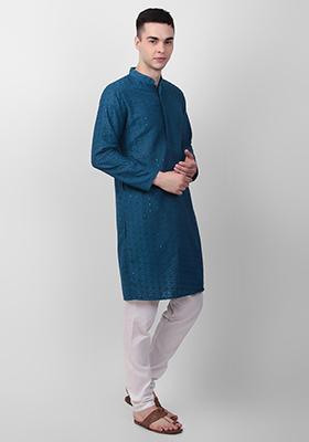 Teal Sequin Embroidered Cotton Kurta For Men