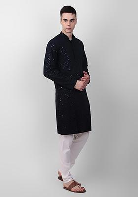Navy Blue Sequin Embroidered Cotton Kurta For Men