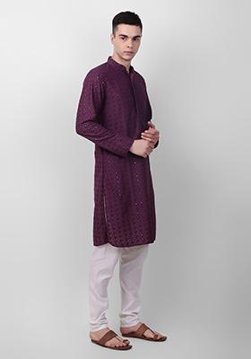 Wine Sequin Embroidered Cotton Kurta For Men
