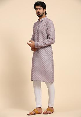 Mauve Digital Print Linen Kurta For Men
