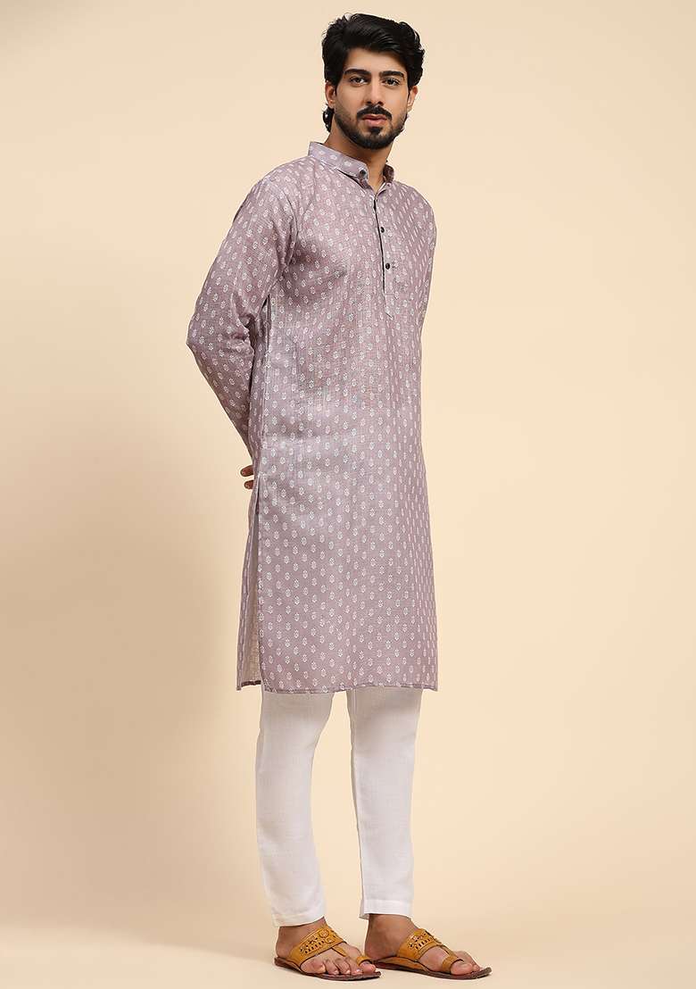 Mauve Digital Print Linen Kurta For Men - Indya