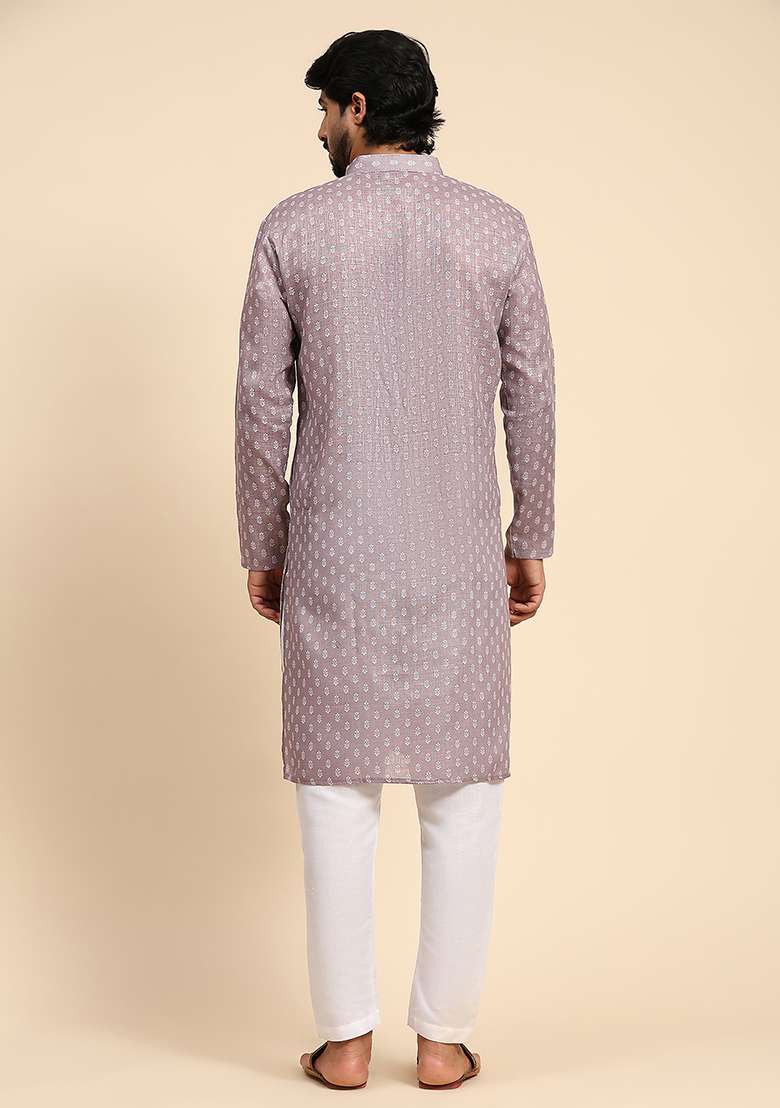 Mauve Digital Print Linen Kurta For Men - Indya