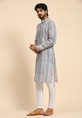 Sea Green Digital Print Linen Kurta For Men