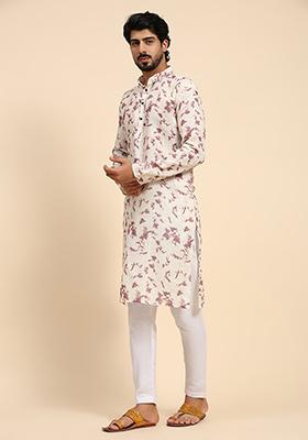 Off White Digital Print Linen Kurta For Men