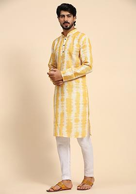 Yellow Digital Print Linen Kurta For Men