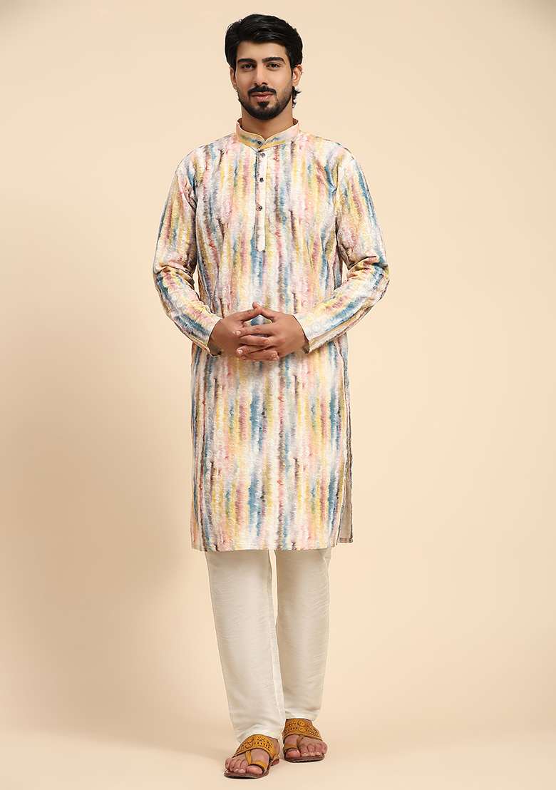 Multicolor Digital Print Viscose Cotton Kurta For Men - Indya