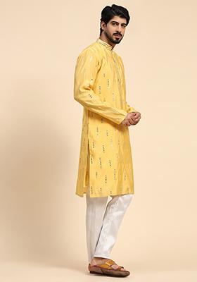 Yellow Mirror Embroidered Silk Kurta For Men