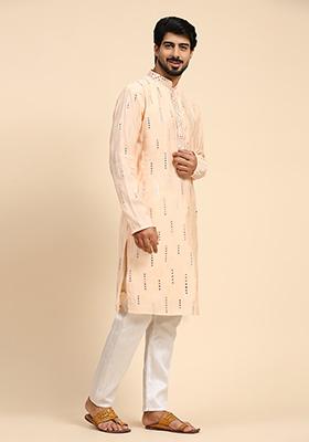 Baby Pink Mirror Embroidered Silk Kurta For Men