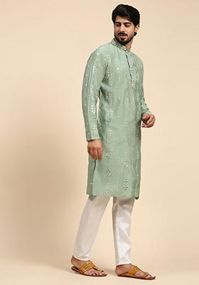 Green Mirror Embroidered Silk Kurta For Men