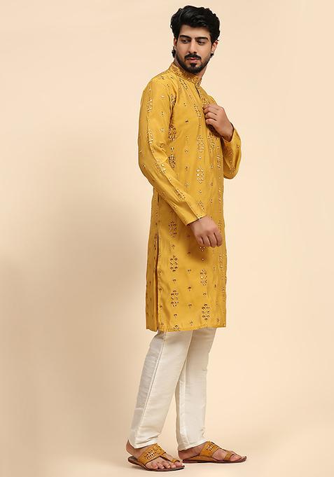 Mustard Mirror Embroidered Silk Kurta For Men