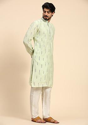Pista Green Mirror Embroidered Silk Kurta For Men