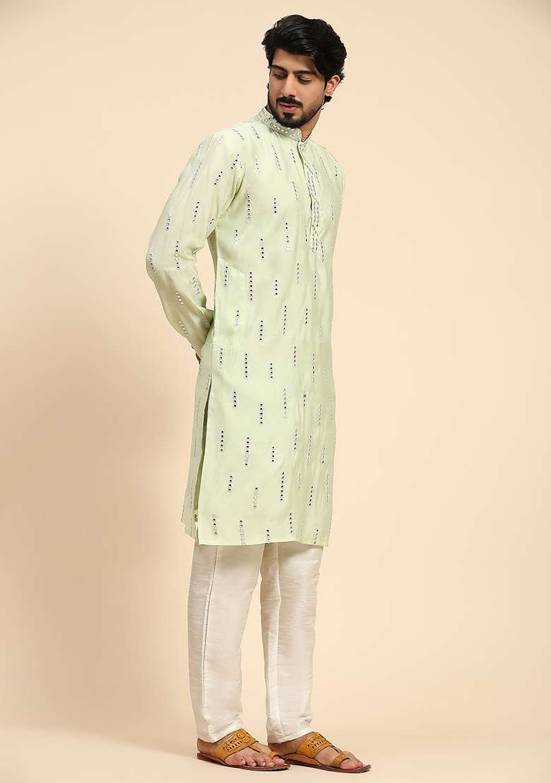 Pista Green Mirror Embroidered Silk Kurta For Men - Indya