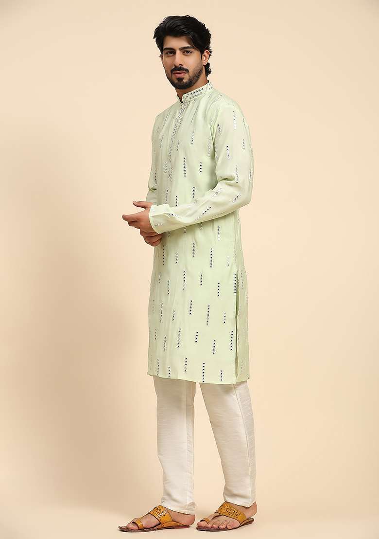 Pista Green Mirror Embroidered Silk Kurta For Men - Indya