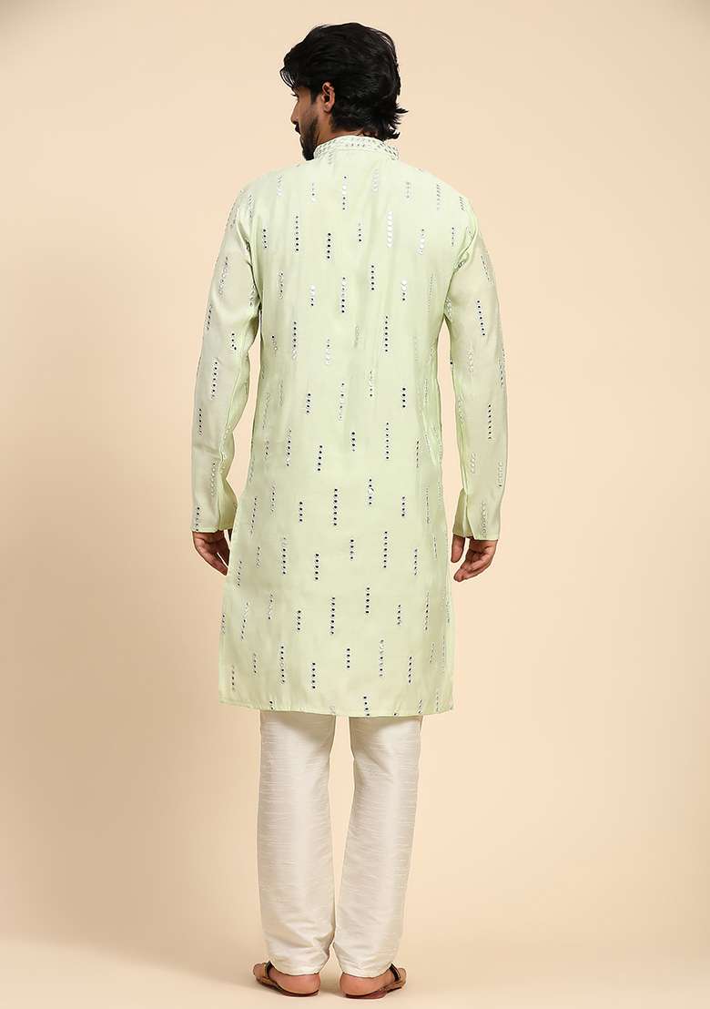 Pista Green Mirror Embroidered Silk Kurta For Men - Indya