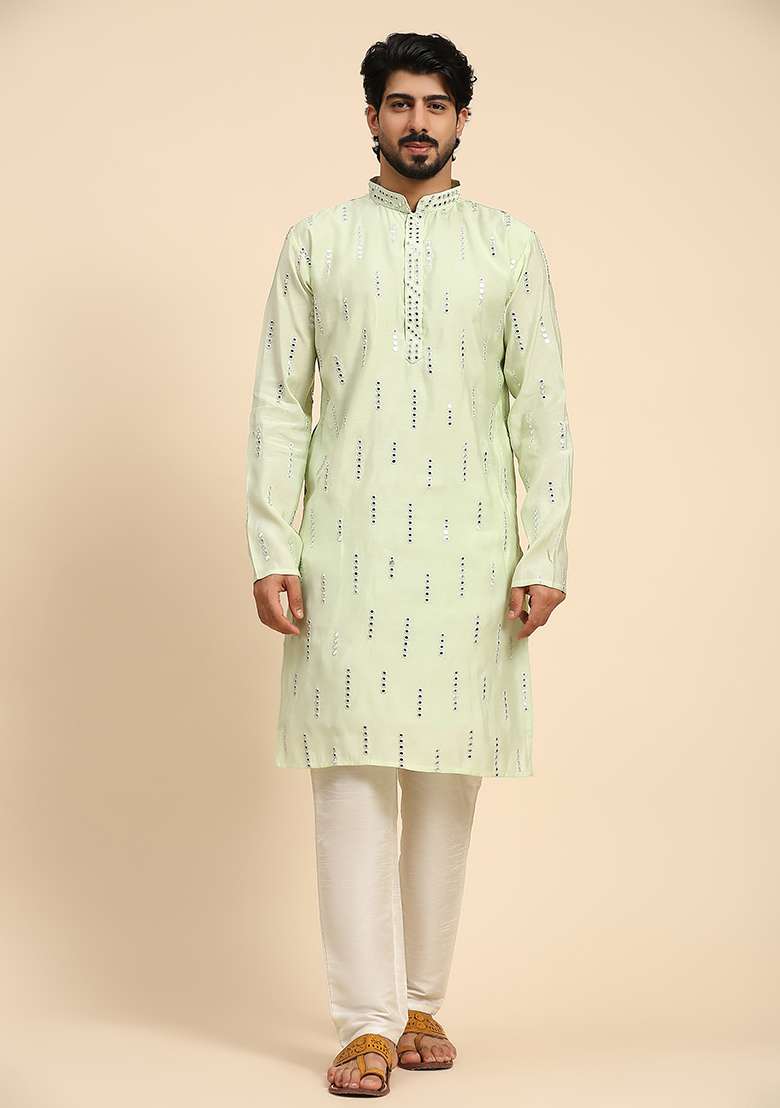 Pista Green Mirror Embroidered Silk Kurta For Men - Indya