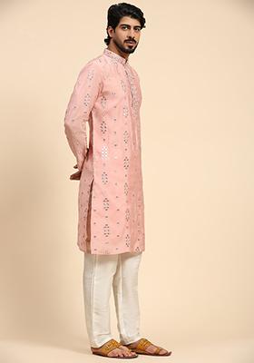 Pink Mirror Embroidered Silk Kurta For Men