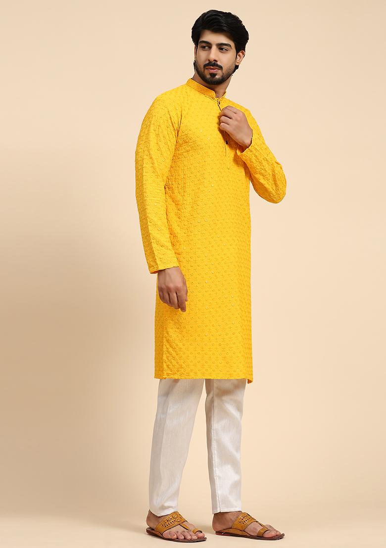 Yellow Chikankari Embroidered Rayon Cotton Kurta For Men