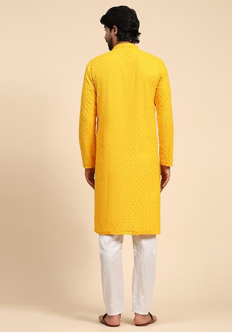 Yellow Chikankari Embroidered Rayon Cotton Kurta For Men