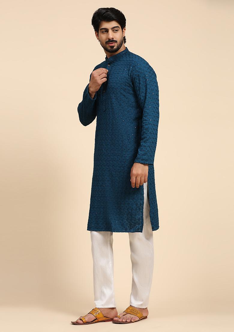 Cyan Blue Chikankari Embroidered Rayon Cotton Kurta For Men