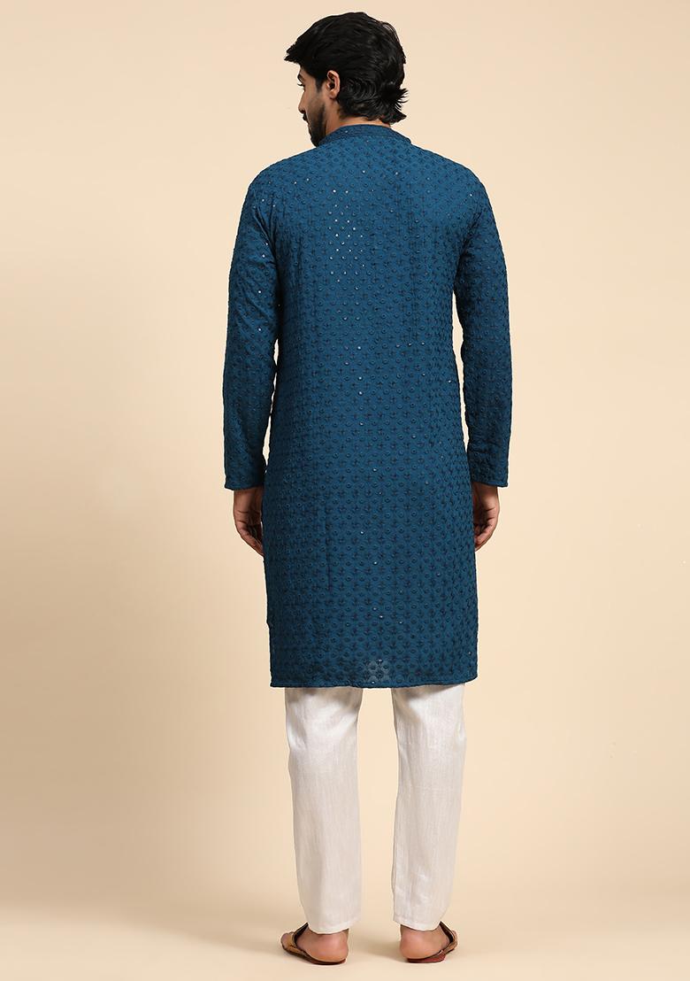 Cyan Blue Chikankari Embroidered Rayon Cotton Kurta For Men
