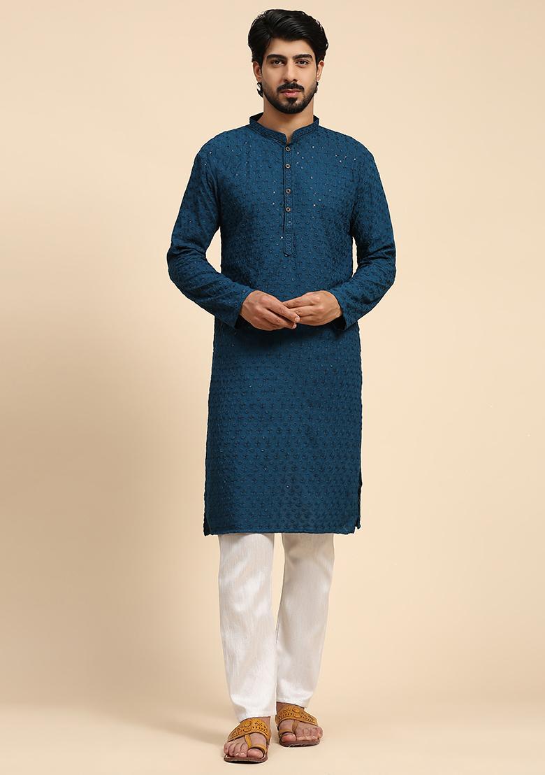 Cyan Blue Chikankari Embroidered Rayon Cotton Kurta For Men