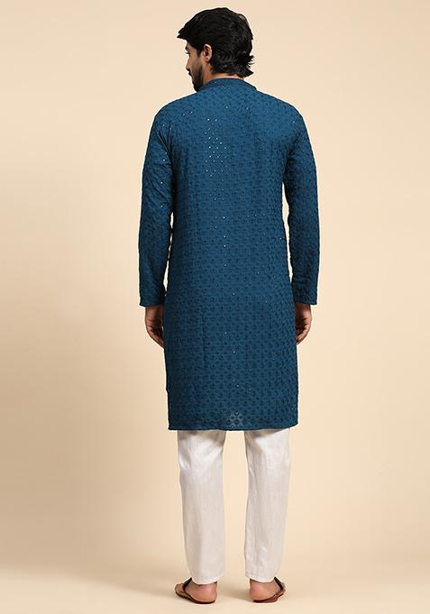 Cyan Blue Chikankari Embroidered Rayon Cotton Kurta For Men