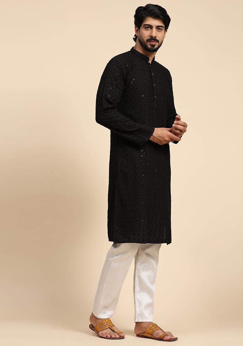 Black Chikankari Embroidered Rayon Cotton Kurta For Men