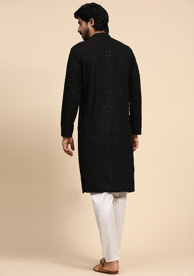 Black Chikankari Embroidered Rayon Cotton Kurta For Men