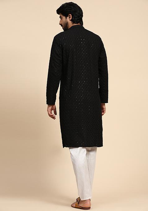 Black Chikankari Embroidered Rayon Cotton Kurta For Men