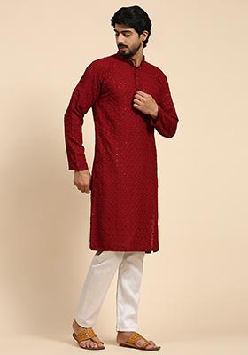 Maroon Chikankari Embroidered Rayon Cotton Kurta For Men