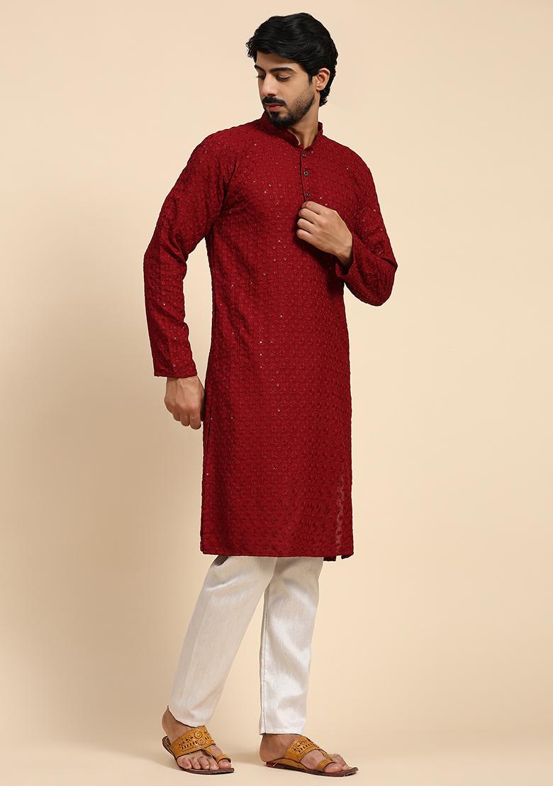 Maroon Chikankari Embroidered Rayon Cotton Kurta For Men