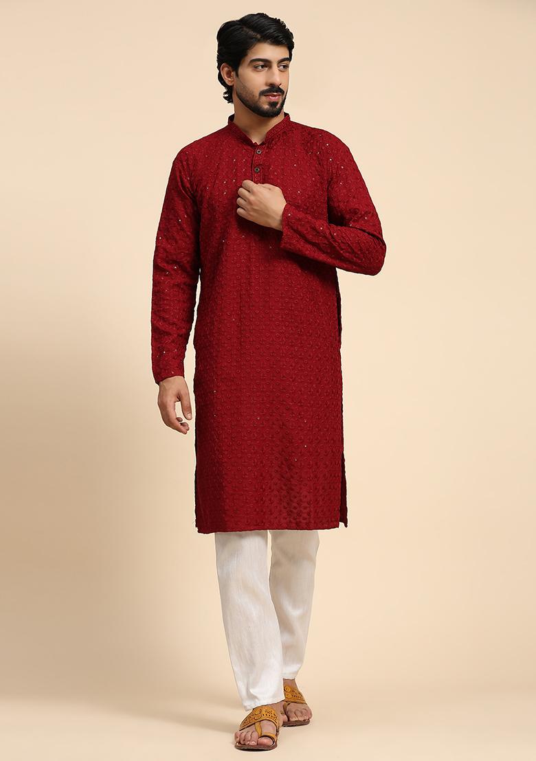 Maroon Chikankari Embroidered Rayon Cotton Kurta For Men