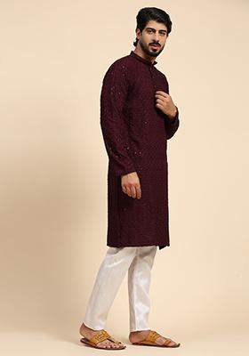 Wine Chikankari Embroidered Rayon Cotton Kurta For Men