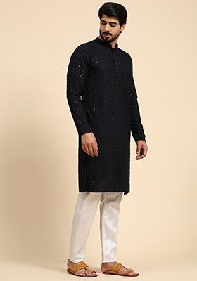 Dark Blue Chikankari Embroidered Rayon Cotton Kurta For Men