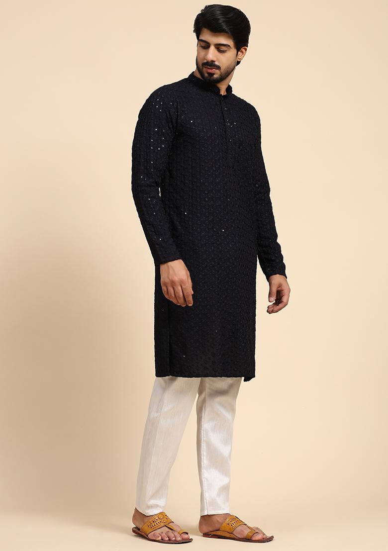 Dark Blue Chikankari Embroidered Rayon Cotton Kurta For Men