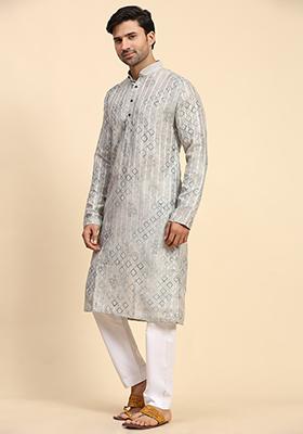 Grey Digital Print Cotton Kurta For Men