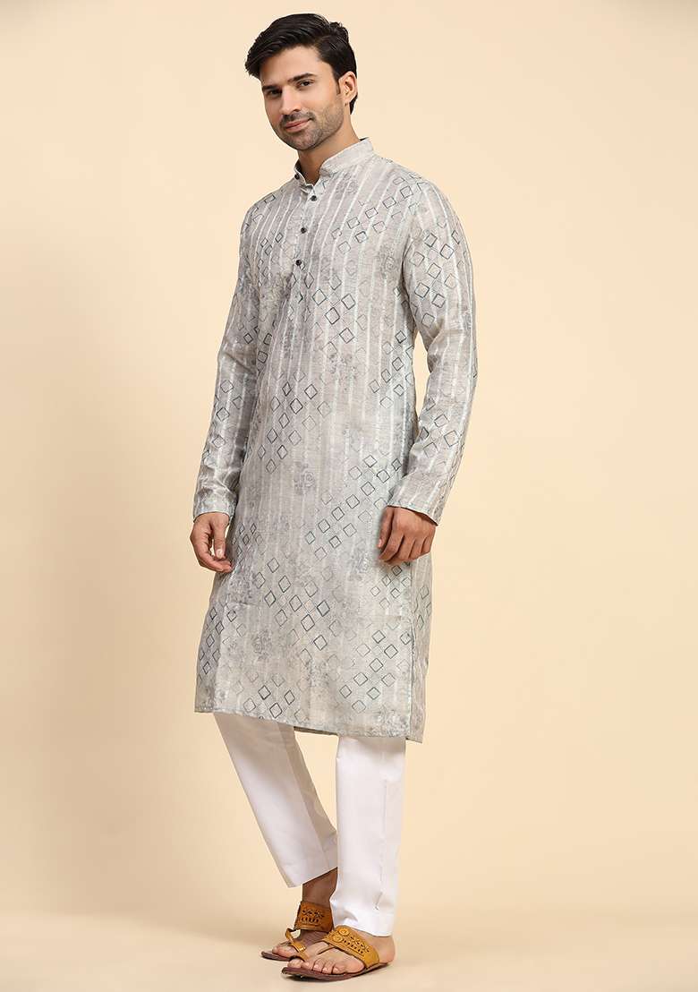 Grey Digital Print Cotton Kurta For Men - Indya