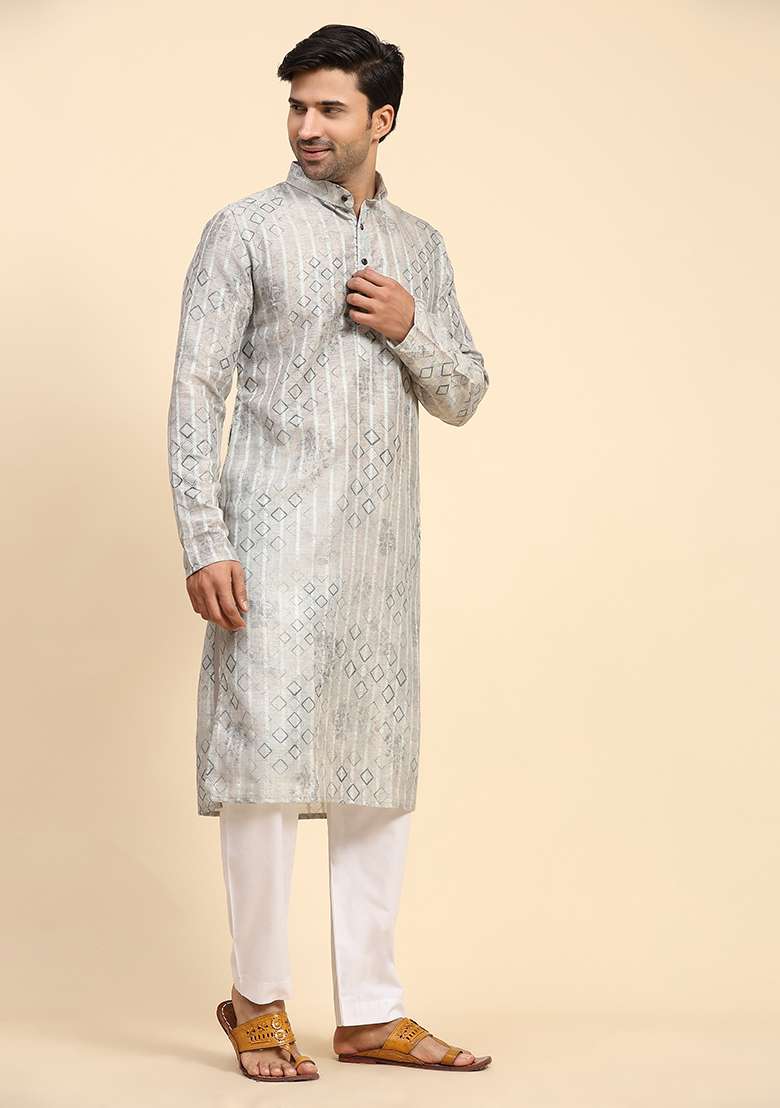 Grey Digital Print Cotton Kurta For Men - Indya