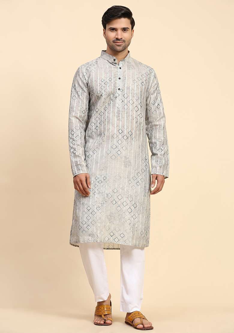Grey Digital Print Cotton Kurta For Men - Indya
