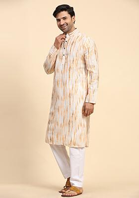 Yellow Digital Print Cotton Kurta For Men