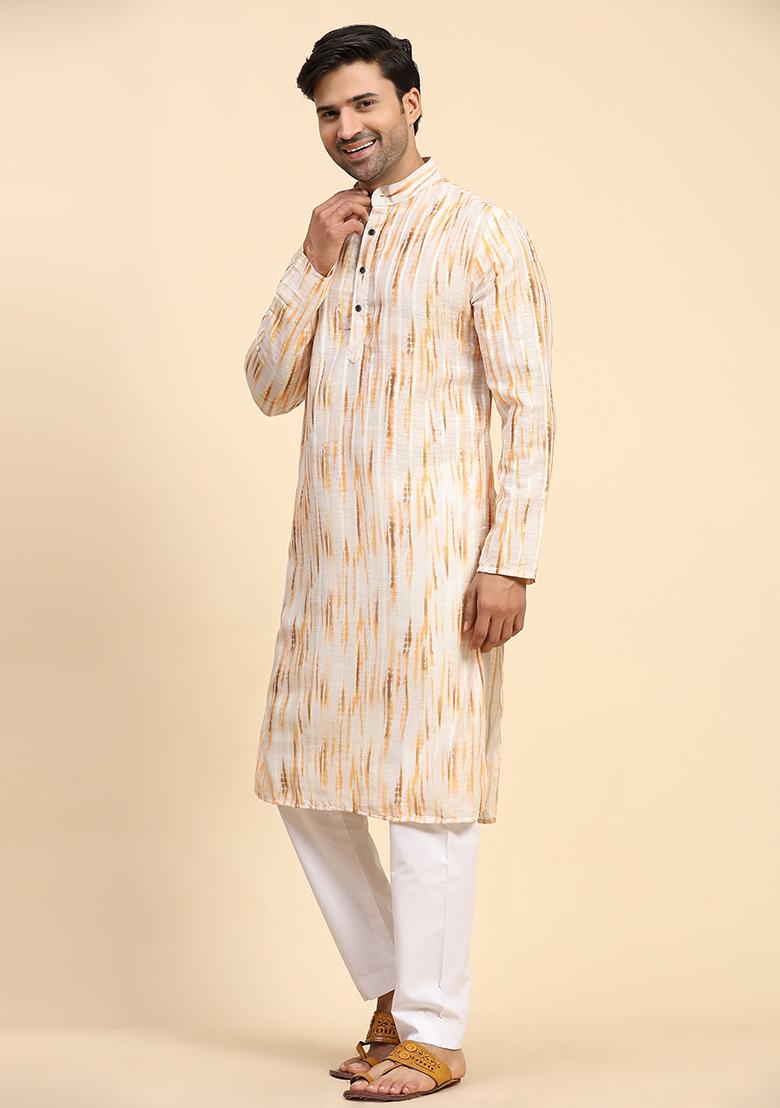 Yellow Digital Print Cotton Kurta For Men
