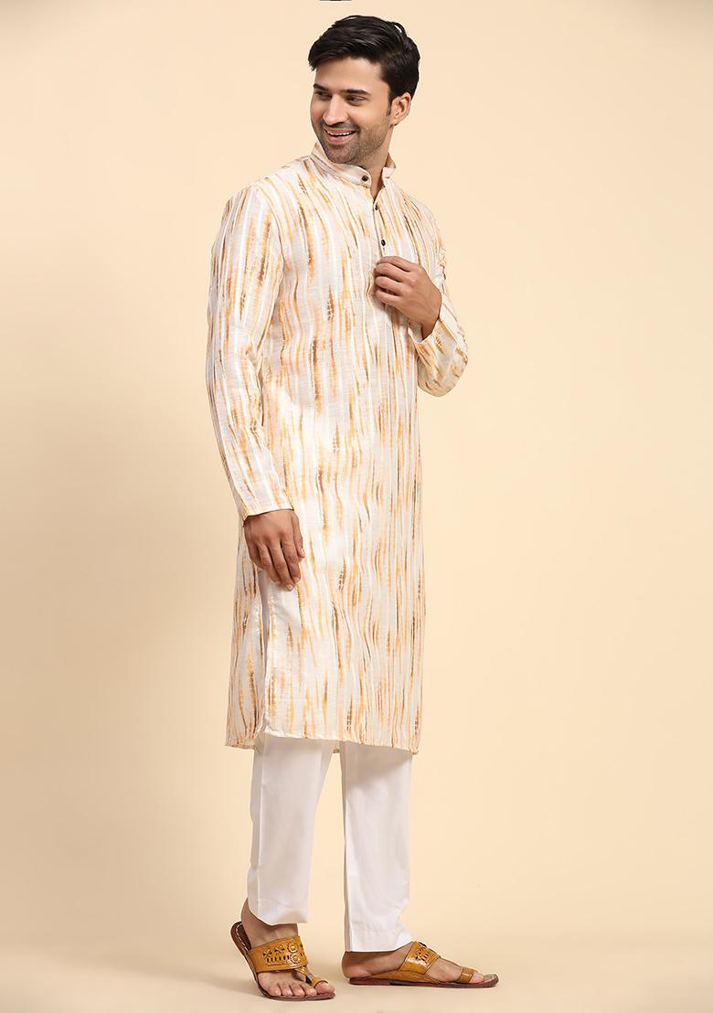 Yellow Digital Print Cotton Kurta For Men