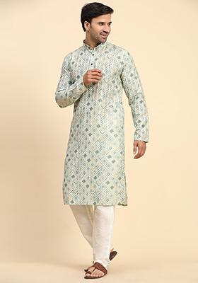 Light Green Digital Print Cotton Kurta For Men