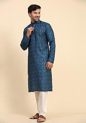 Blue Digital Print Cotton Kurta For Men