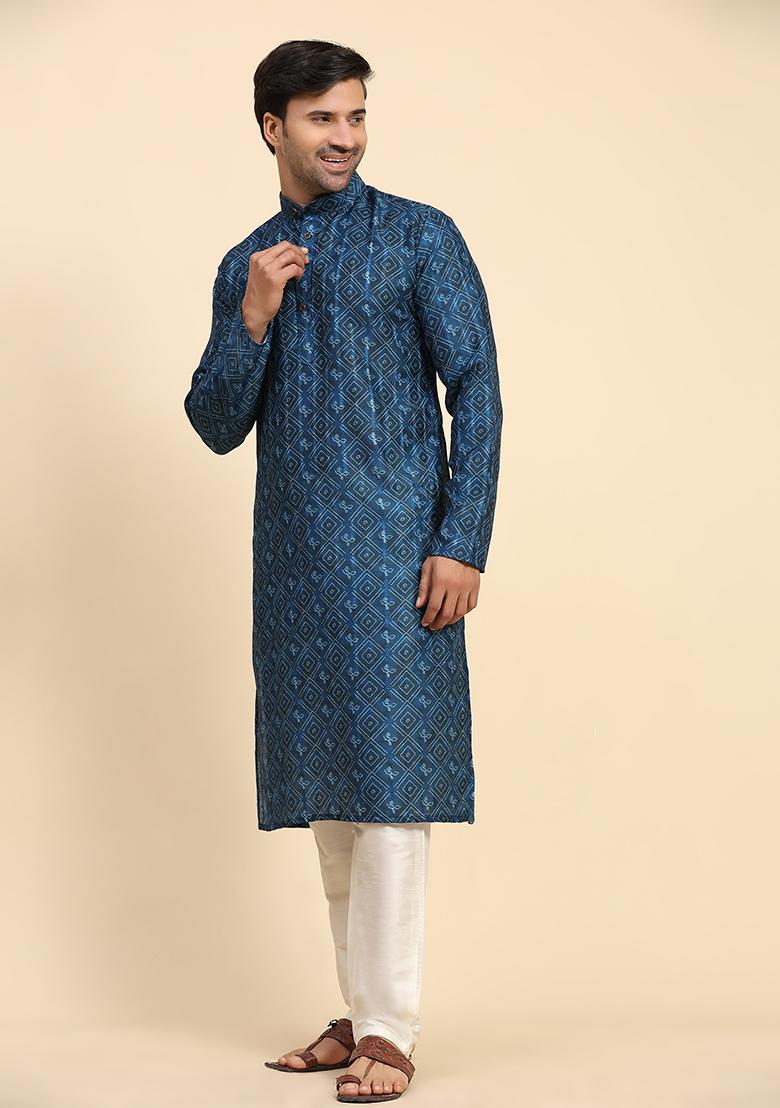Blue Digital Print Cotton Kurta For Men