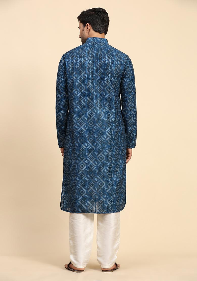Blue Digital Print Cotton Kurta For Men