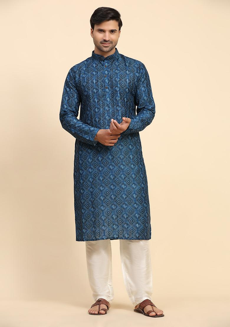 Blue Digital Print Cotton Kurta For Men