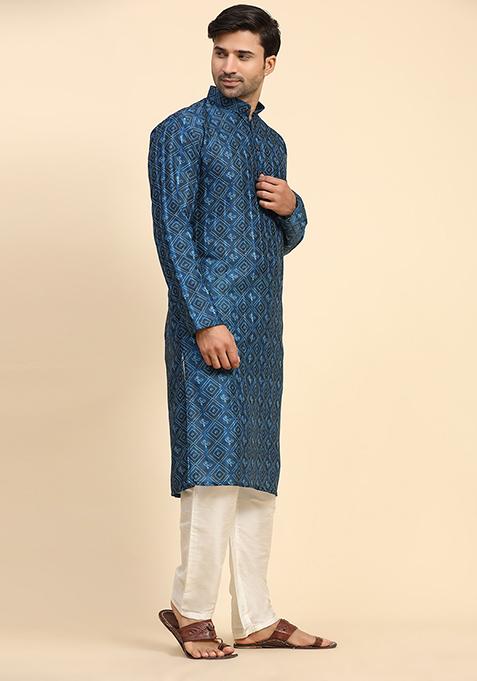 Blue Digital Print Cotton Kurta For Men